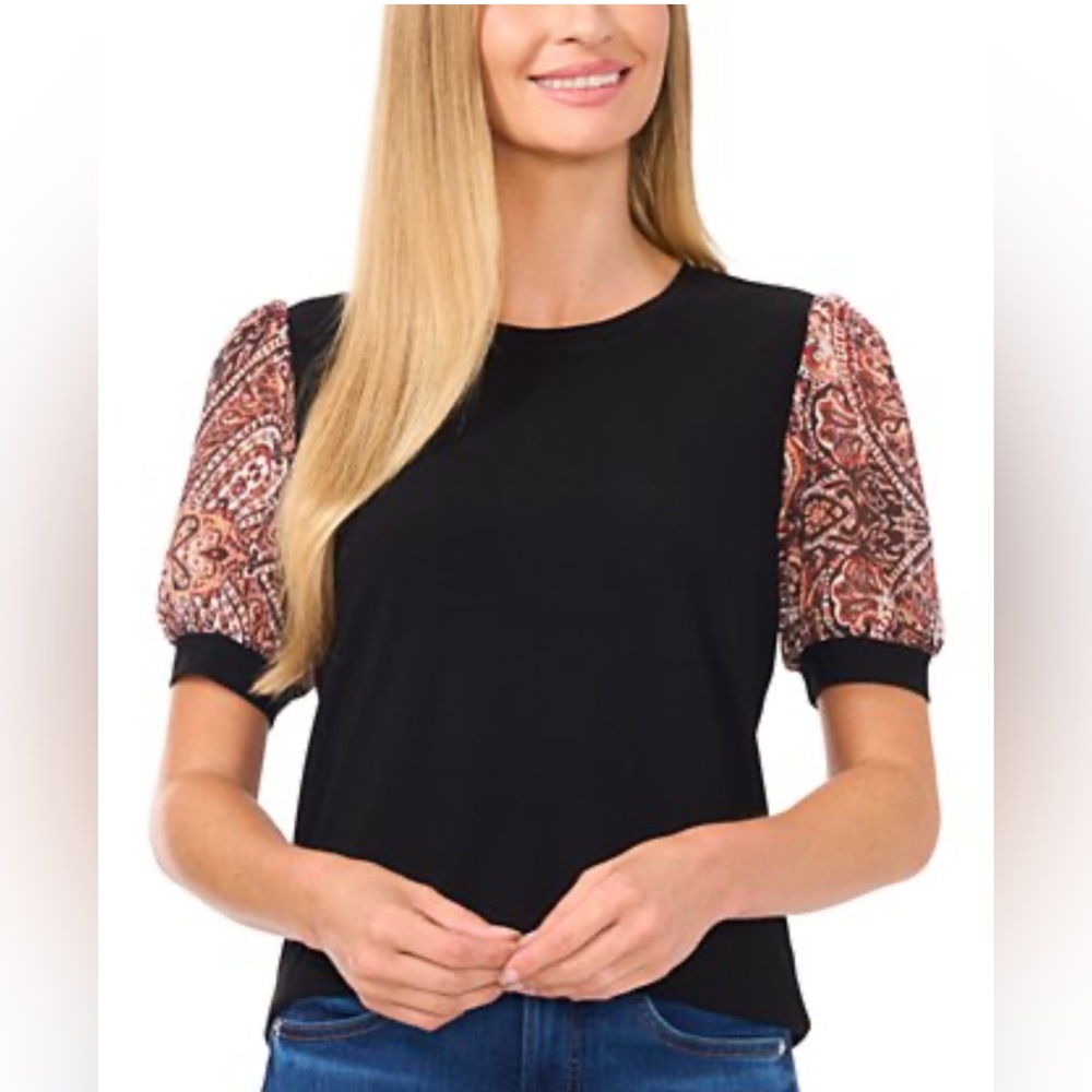 CeCe Black Top with Paisley Puff Sleeves